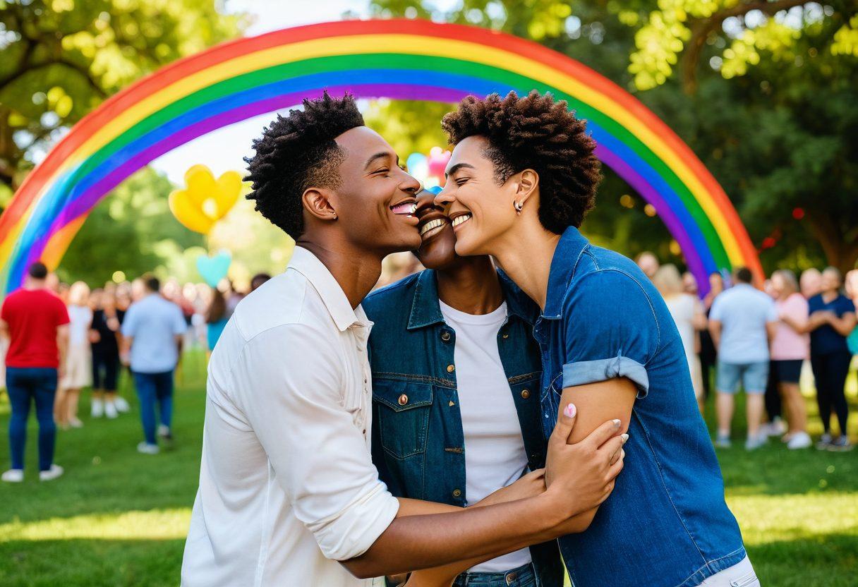 A joyful couple from the LGBTQ+ community celebrating love in a vibrant park, surrounded by colorful hearts and supportive friends. Their expressions radiate happiness and acceptance, with a rainbow backdrop symbolizing diversity. Include soft lighting to enhance warmth and a sense of togetherness. super-realistic. vibrant colors. 3D.