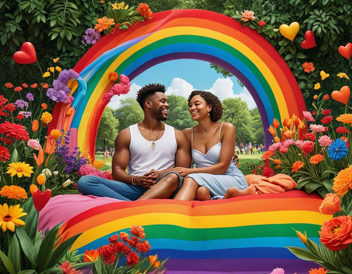 A vibrant and colorful collage showcasing diverse LGBTQ+ couples celebrating love in various joyful settings, such as parks, pride parades, and cozy indoor spaces. Include symbols of love, like rainbows, hearts, and flowers, intertwined with happy expressions and affectionate gestures. The atmosphere should radiate positivity and inclusivity, emphasizing connection and community. Bright, bold colors to evoke feelings of joy and warmth. super-realistic. vibrant colors. 3D.