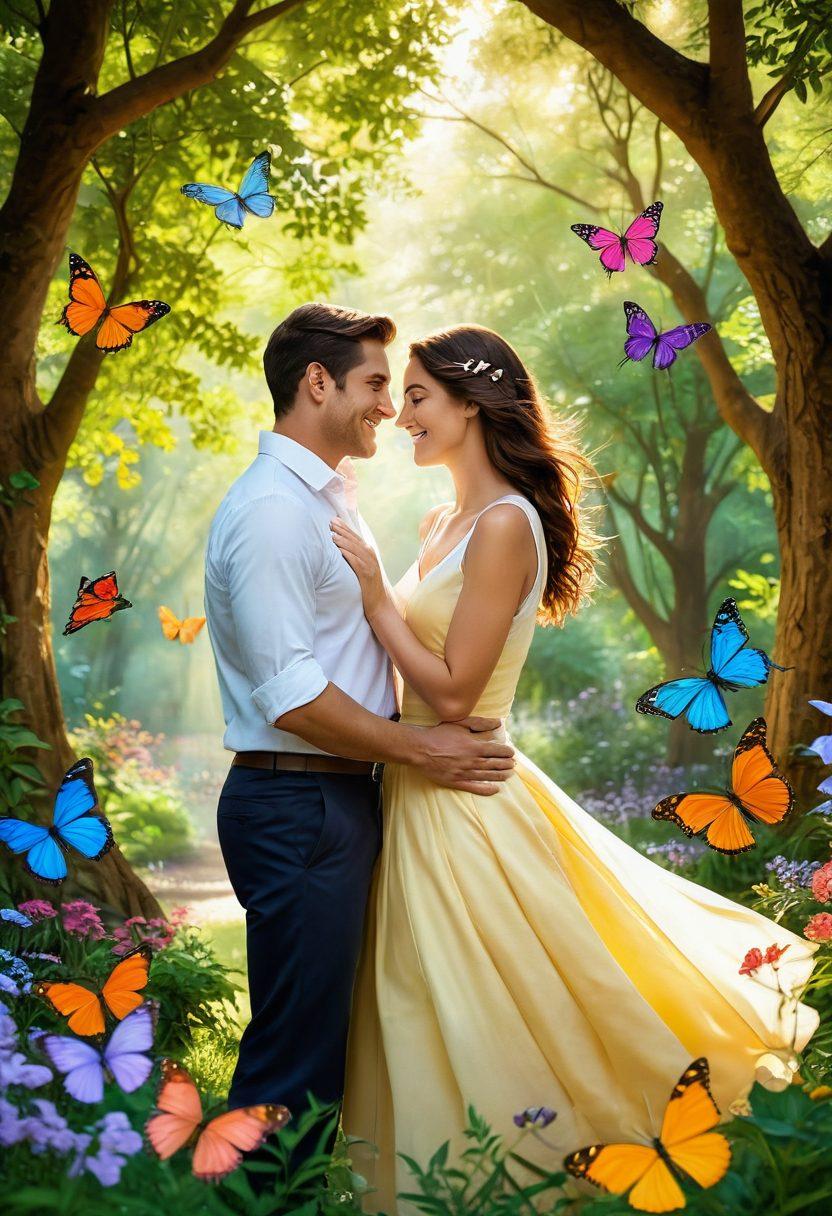 A warm, inviting scene depicting two diverse couples in a lush park, embracing each other with joy and acceptance. Colorful butterflies gracefully flutter around symbolizing transformation, while vibrant flowers bloom in the background, representing growth and love. Soft sunlight filters through the trees, creating a serene atmosphere. The couples share heartfelt laughter and genuine emotion, capturing the essence of affirmative relationships. super-realistic. vibrant colors. natural setting.
